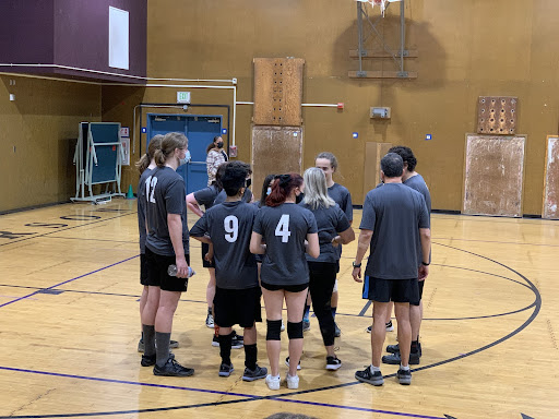 Kit Carsons co-ed vollyball squad gathers for a time out against Kennedy High School.
