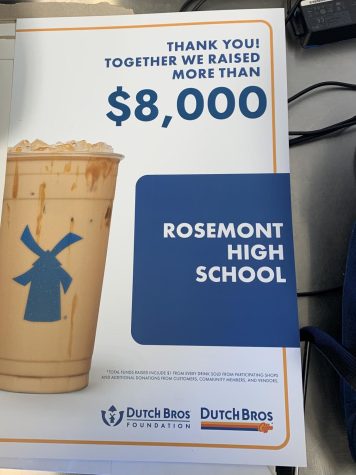 A sign noting the amount of money raised by Dutch Brothers Coffee outlet for Rosemont High School. Photo by Gemma Costuna, Rosemont High School.