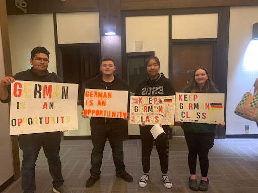 Galt High German students protest the school board’s decision to cut the class. From left to right Juan Pablo Martinez, Adam Miller, Sam Yong and Savannah Soto. Photo by Josh Cullers, Galt High School.