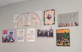 The back wall of Alexandra Castillos Ethnic Studies classroom is meant to illustrate projects students have worked on.
