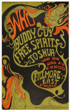 An example of 1960s style art poster for a rock concert which was inspired by the Art Nouveau movement and popular at Cordova High when it was first opened. 